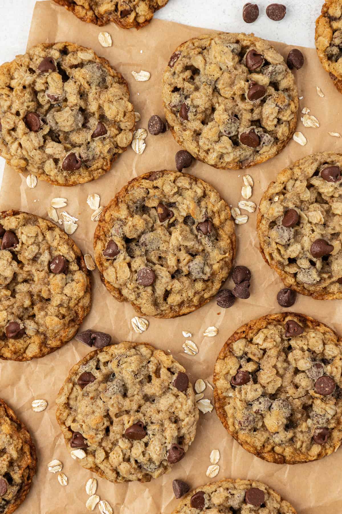over head view of rows of oatmeal chocolate chip cookies on brown parchment paper with chocolate chips and oats scattered around between them