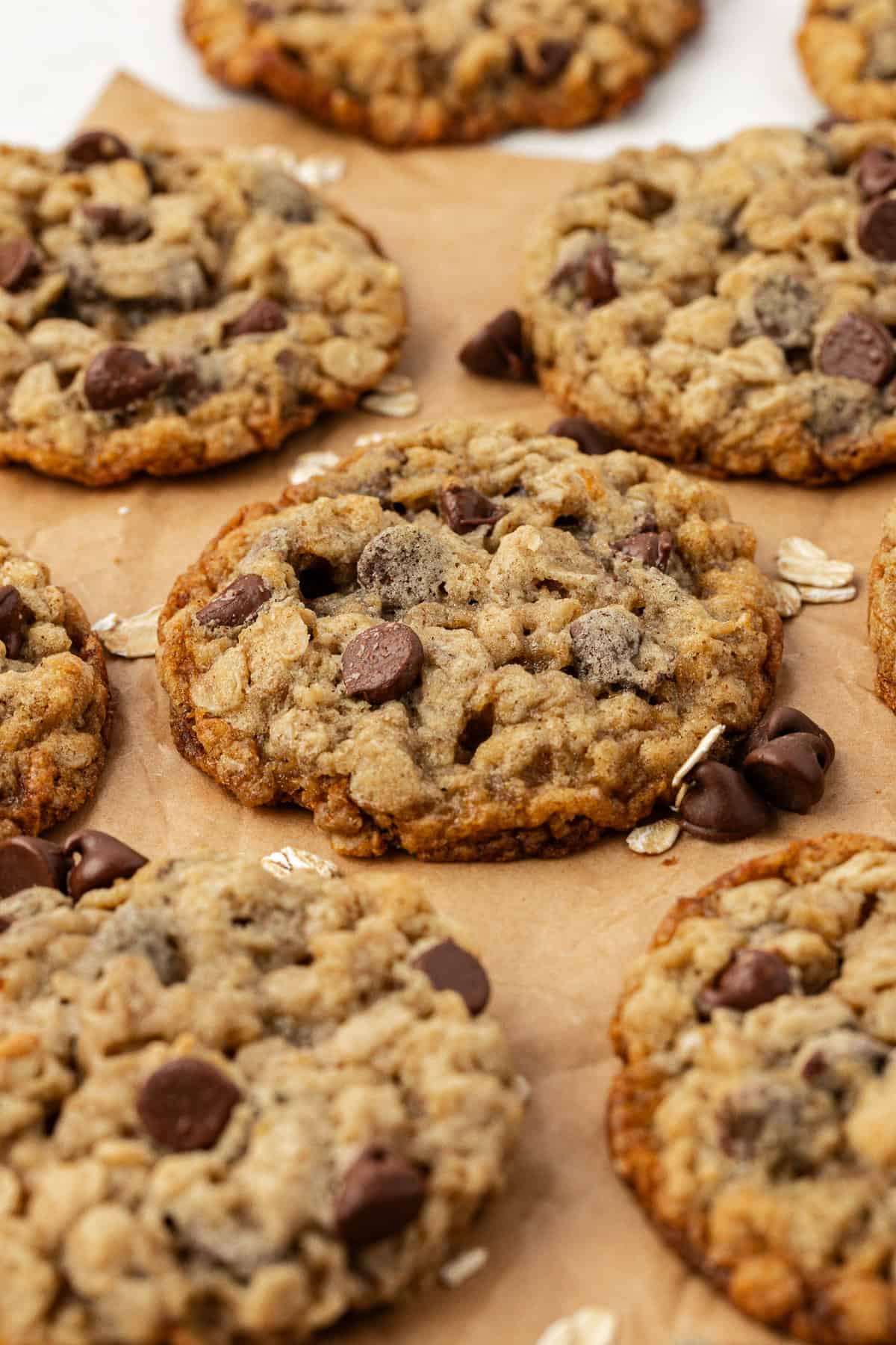 close up of rows of oatmeal chocolate chip cookies on brown parchment paper with chocolate chips and oats scattered around between them