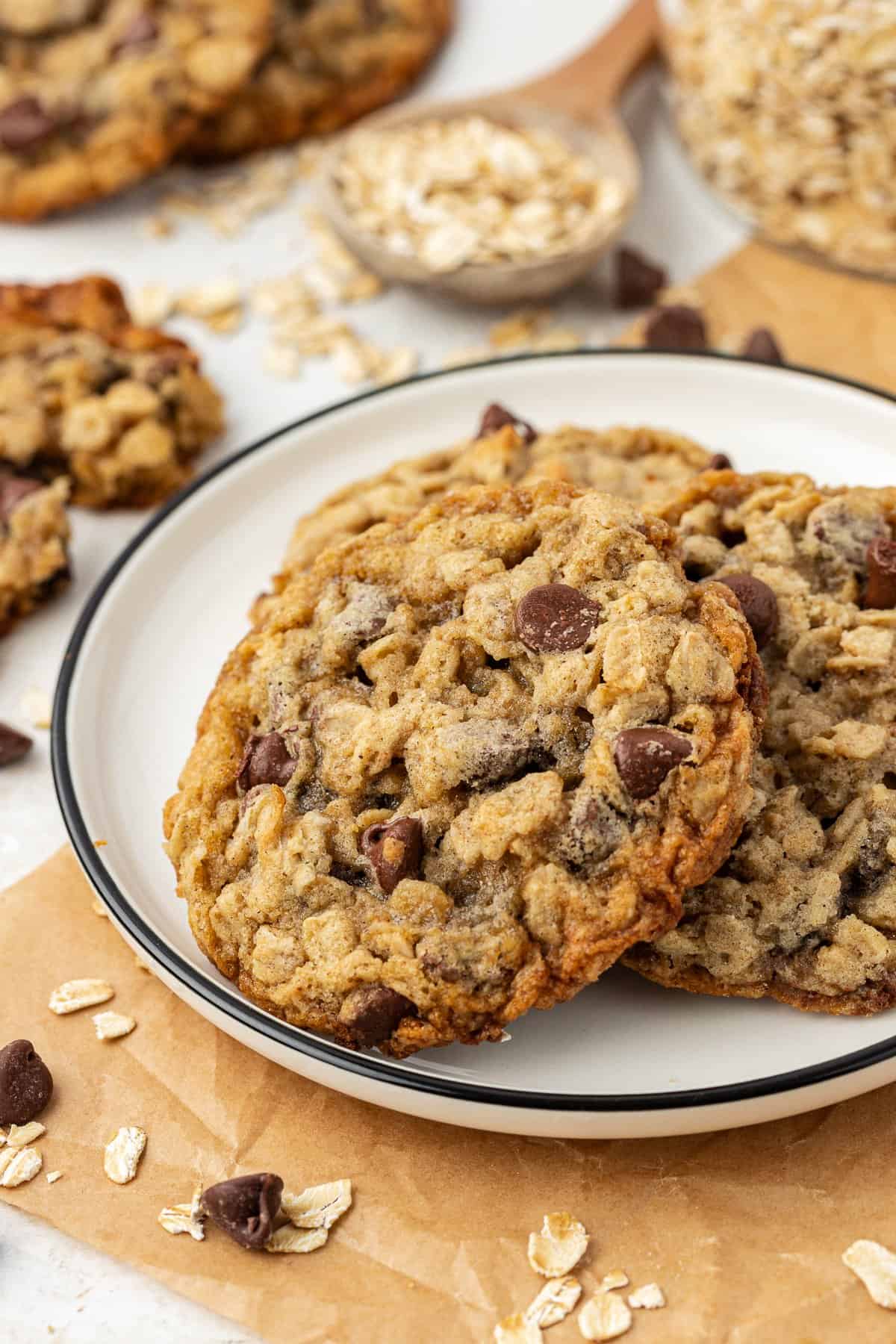 three oatmeal chocolate chip cookies on a white plate on top of brown parchment paper with more cookies, oats and chocolate chips scattered around