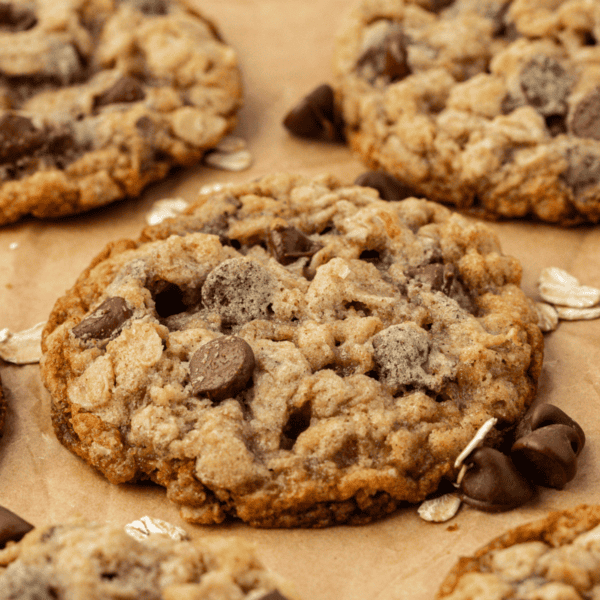 close up of a chocolate chip oatmeal cookie on brown parchment paper surrounded by more cookies and scattered oats
