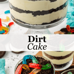 a large dirt cake in a large clear glass trifle dish on top and three small trifle dishes of dirt cake on the bottom