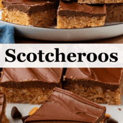 a split image with a plate full of scotcheroos on top and a close up of a scotcheroo on the bottom