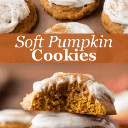 a split image with rows of pumpkin cookies on top, text saying Soft Pumpkin Cookies and then a stack of three cookies on the bottom, with a bite missing from the top cookie