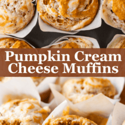 a split image with the tops of rows of pumpkin cream cheese muffins on top and scattered muffins on the bottom, with the front muffin missing a bite out of it