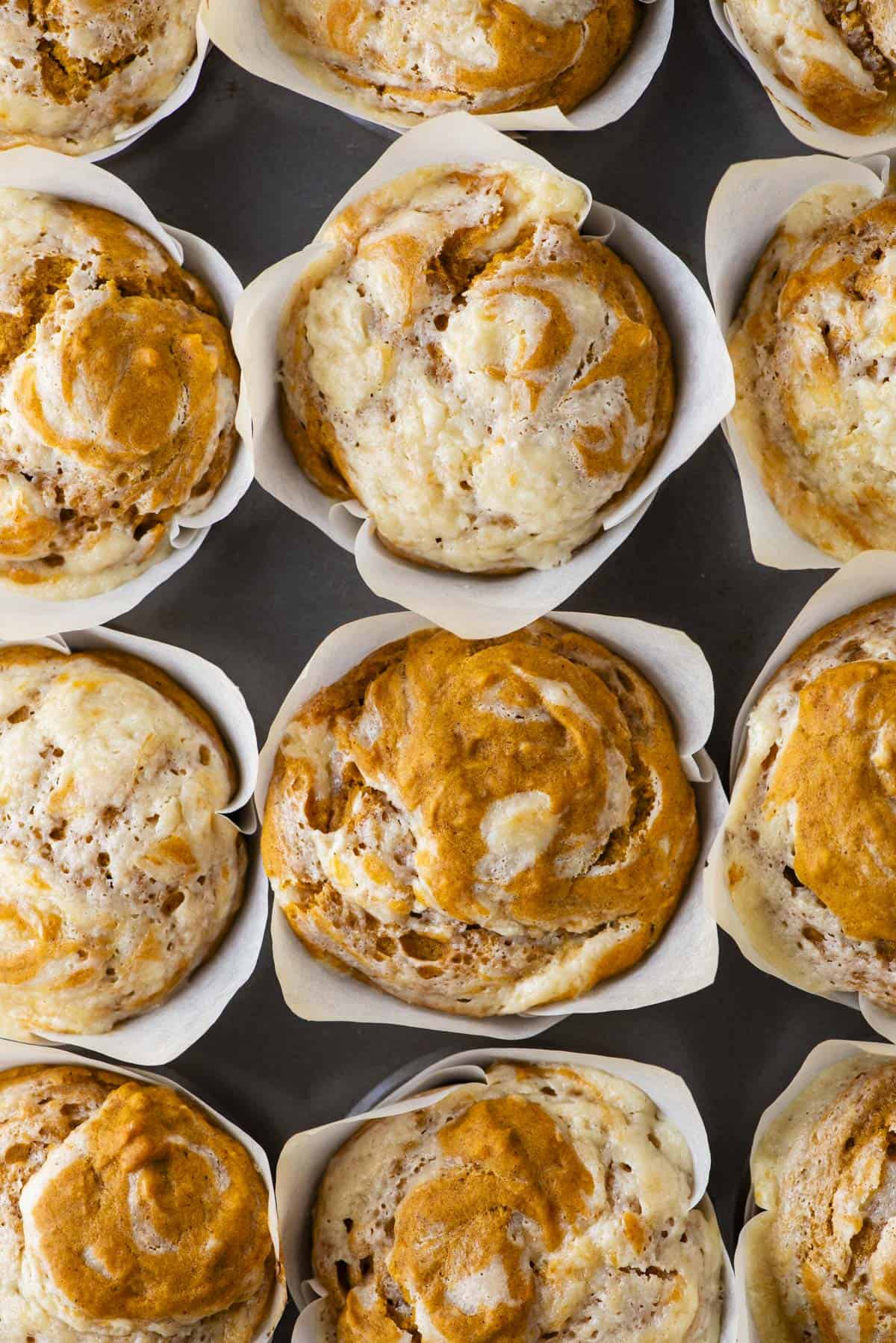 over head close up view of the tops of rows of pumpkin cream cheese muffins