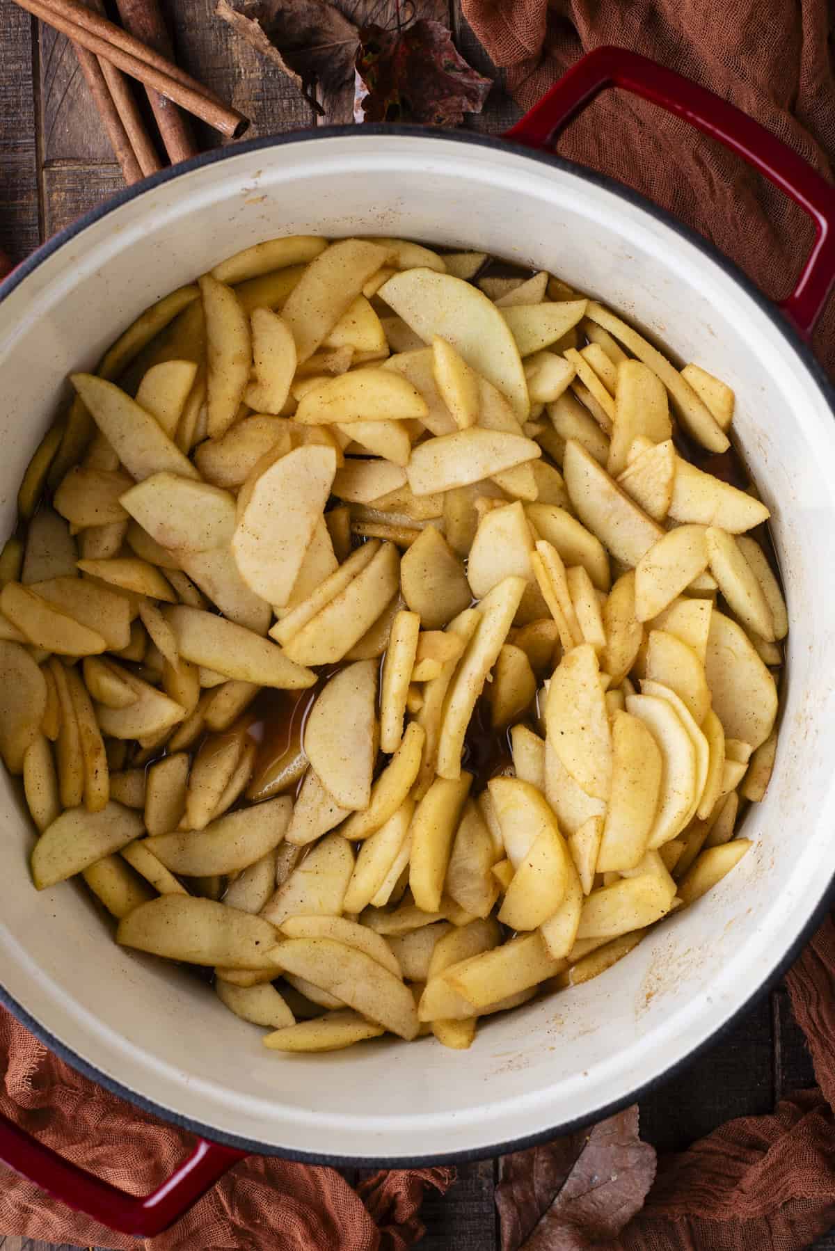 over head view of cooked apples in a large pot