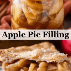 split image with a jar of apple pie filling on top, the words Apple Pie Filling in the middle, and a slice of apple pie on the bottom