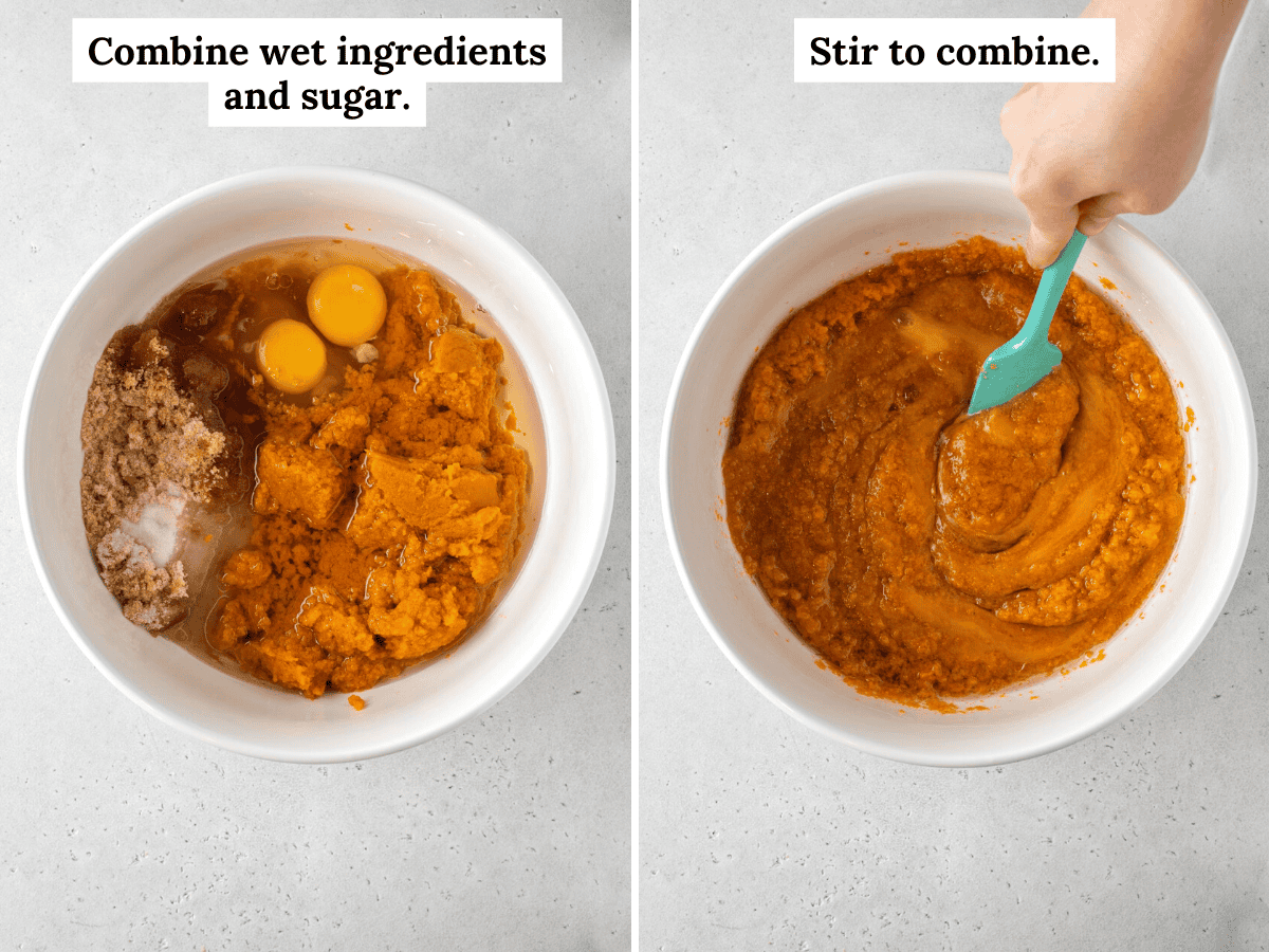 two images side by side, the left image a white bowl with wet ingredients and sugar for pumpkin bread, not yet mixed, and the right image the "stir to combine" step with all wet ingredients combined with a teal spatula