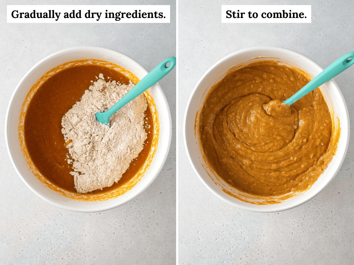 two images side by side, the left image of a white bowl of wet ingredients for pumpkin bread with a flour mixture on top not yet mixed in, and a teal spatula in the bowl, the right image of the combined pumpkin bread batter with a teal spatula in the bowl