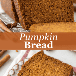 two images, a loaf of pumpkin bread on top with a few slices leaning on the rest of the loaf and one slice laying in front of it, and the bottom image of a slice of pumpkin bread on a small plate on top of a red and white striped towel