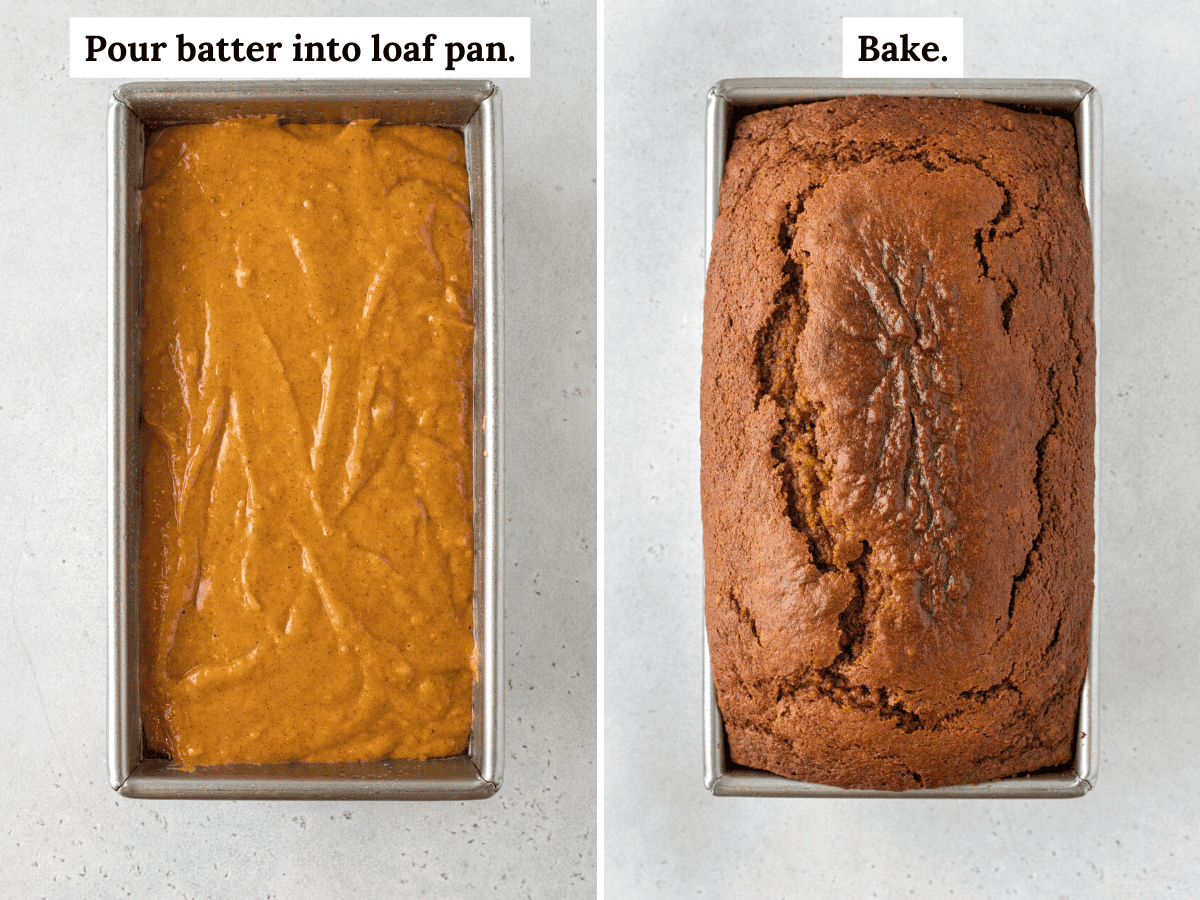 two images side-by-side - the left image of pumpkin bread batter in a loaf pan and the right of baked pumpkin bread in a loaf pan