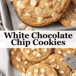 white chocolate chip cookies scattered and piled on a baking sheet