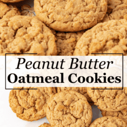 peanut butter oatmeal cookies scattered around on a white surface with oats scattered around