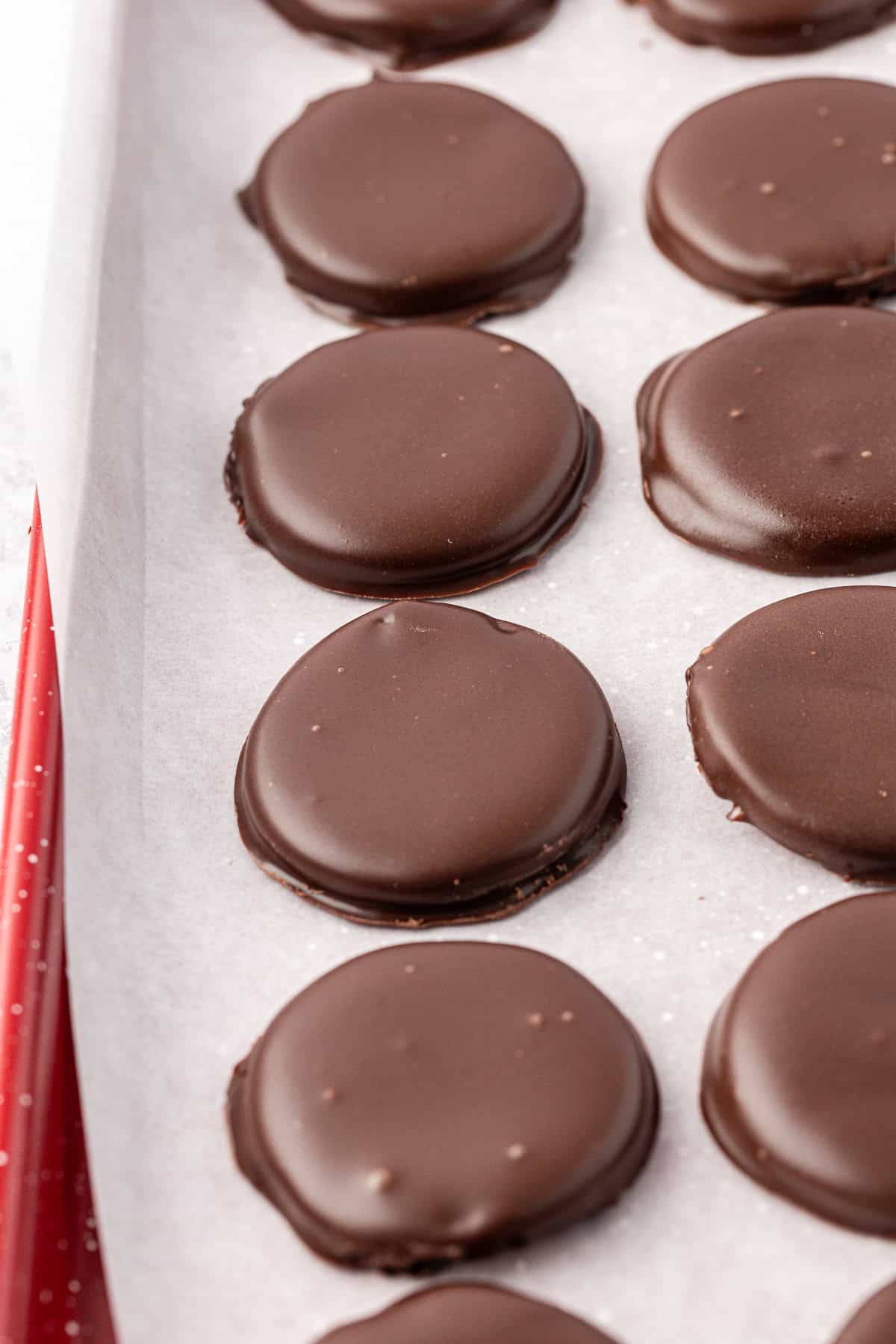 rows of peppermint patties on a pan lined with parchment paper