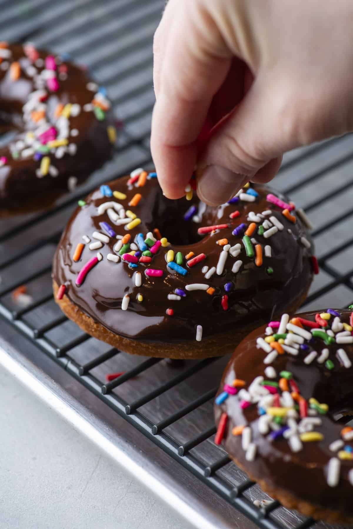 cake donuts glazed with chocolate glaze on a wire rack being topped with sprinkles