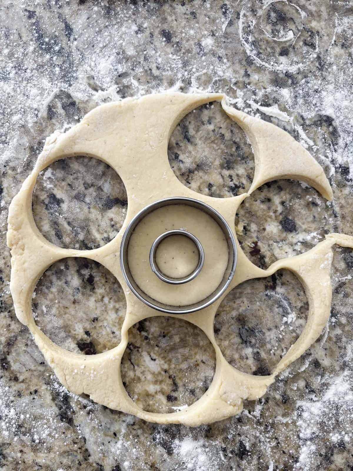 donut batter on a countertop surface sprinkled with flour, with a donut cutter in the middle and the empty circles throughout the dough where more donuts have been cut out