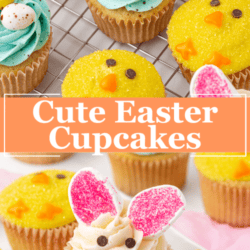 An assortment of Easter-themed cupcakes decorated as bunnies with pink ears, chicks with yellow sprinkles, and blue cupcakes topped with candy eggs, displayed on a cooling rack and pastel surface. Text reads “Cute Easter Cupcakes.”.