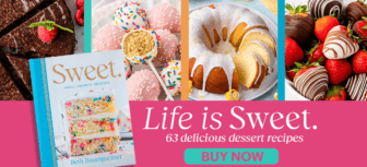 A collage of desserts, including chocolate cake, sprinkle cake pops, a glazed bundt cake, and chocolate-covered strawberries, alongside a cookbook titled Sweet. Text reads: Life is Sweet. 63 delicious dessert recipes. BUY NOW.