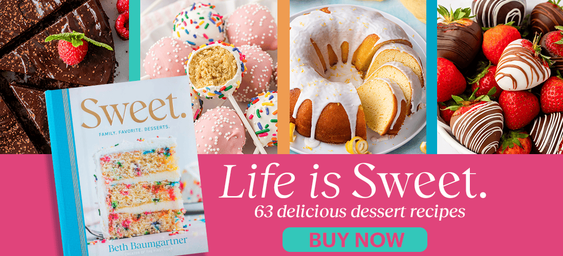 A collage of desserts, including chocolate cake, sprinkle cake pops, a glazed bundt cake, and chocolate-covered strawberries, alongside a cookbook titled Sweet. Text reads: Life is Sweet. 63 delicious dessert recipes. BUY NOW.