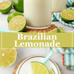 Two glasses of creamy Brazilian lemonade with ice and lime slices, surrounded by fresh lime wedges, on a light surface. One glass has a striped straw and both have lime garnishes.