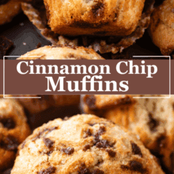A close-up of cinnamon chip muffins, with one muffin partially eaten to show its moist, fluffy inside. Text in the center reads Cinnamon Chip Muffins.