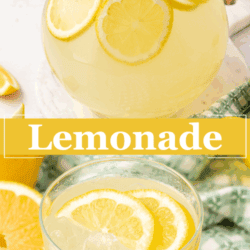 A clear pitcher and glass filled with lemonade, ice, and lemon slices sit on a table with fresh lemons and a green checkered napkin. The word Lemonade appears in bold yellow text across the center.
