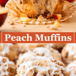 A split image showing peach muffins: the top half displays a muffin with a bite taken out, revealing its moist interior and peach pieces, while the bottom half shows several muffins covered in white icing and crumb topping.