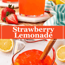 Two glasses of bright red strawberry lemonade with ice, garnished with lemon slices and strawberries, sit next to a pitcher filled with the same drink. Fresh lemons and strawberries are arranged around them.