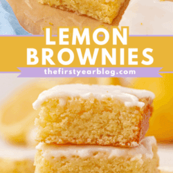 A stack of three lemon brownies with white icing, next to other lemon brownie squares on parchment paper. Text overlay reads Lemon Brownies thefirstyearblog.com.