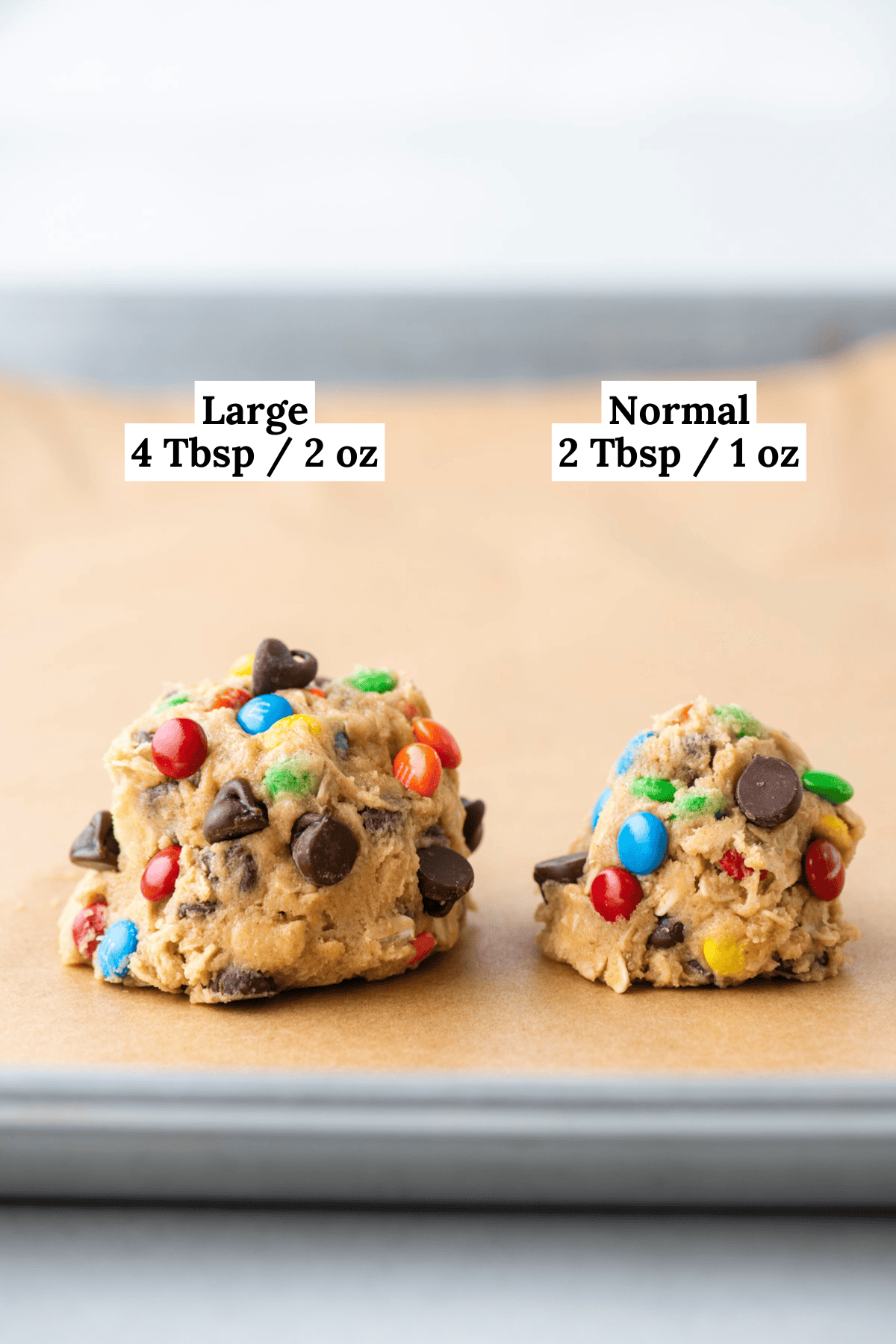 Two scoops of cookie dough on a baking tray: one large (4 Tbsp/2 oz) and one normal-sized (2 Tbsp/1 oz), both with colorful candy pieces and chocolate chips. Labels indicate the sizes above each scoop.
