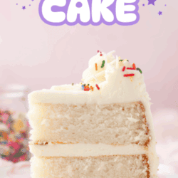 A slice of white cake with white frosting and colorful sprinkles sits on a plate. Above the cake, WHITE CAKE is written in large, playful purple letters with stars around the text.