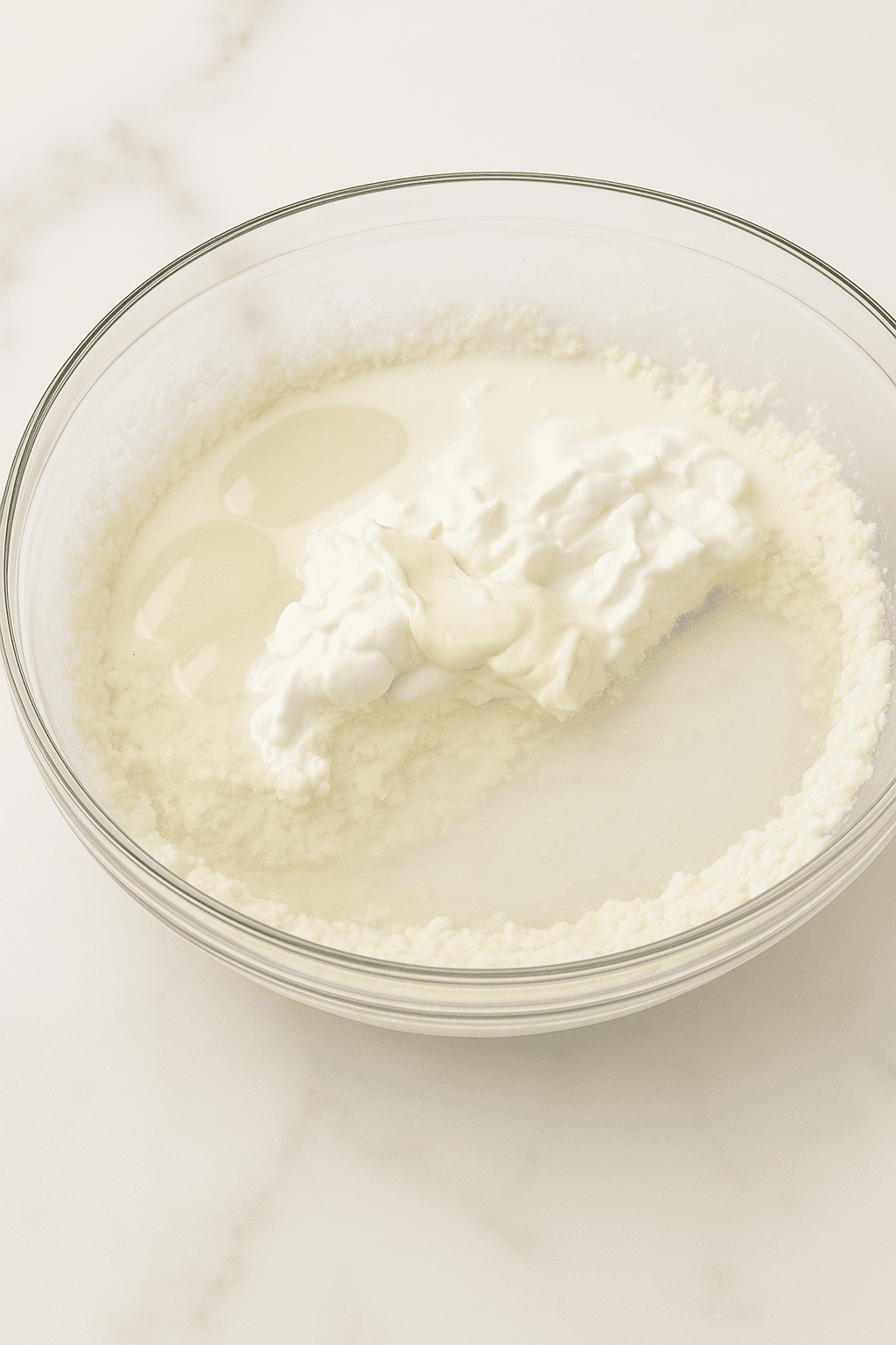 A glass bowl containing a mixture of white creamy ingredients, likely including yogurt, sour cream, and possibly condensed milk, on a white marble surface.