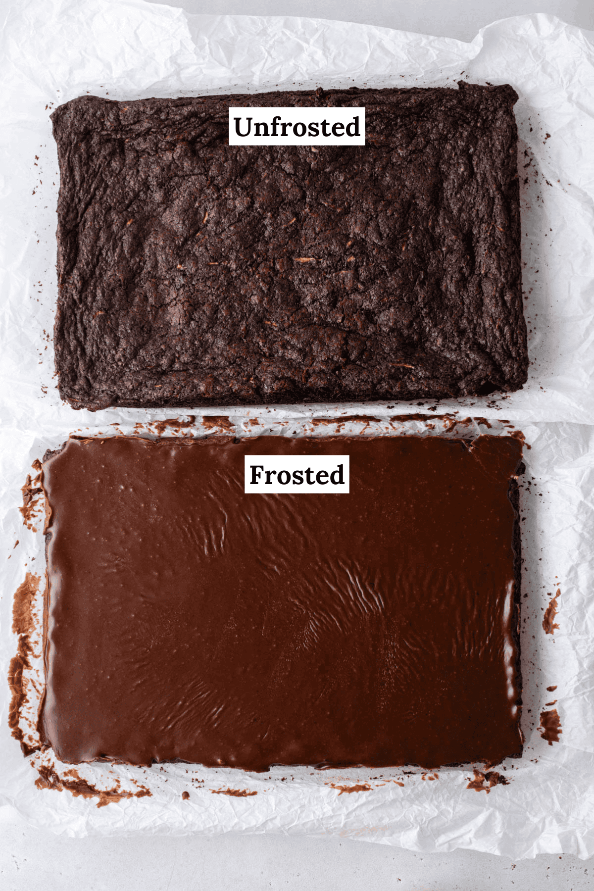 Two rectangular chocolate cakes on parchment paper; the top cake is unfrosted with a textured surface, and the bottom cake is covered smoothly with chocolate frosting. Labels read Unfrosted and Frosted.