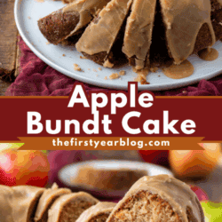 A glazed apple bundt cake is sliced and displayed on a white plate, with a rich brown sugar glaze dripping down the sides. Apples and a red cloth are in the background. Text reads Apple Bundt Cake.