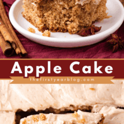 Two images of spiced apple cake with light brown frosting. The cake is moist and fluffy, topped with creamy icing, and surrounded by fresh apples and cinnamon sticks. Text in the middle reads “Apple Cake.”.