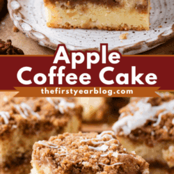 Sliced pieces of apple coffee cake with streusel topping and white icing, served on a rustic plate and on parchment paper, with cinnamon sticks and star anise in the background.
