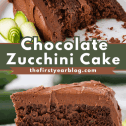 Two slices of rich chocolate zucchini cake with chocolate frosting are shown on white plates, garnished with zucchini ribbons. The text reads “Chocolate Zucchini Cake thefirstyearblog.com.”.