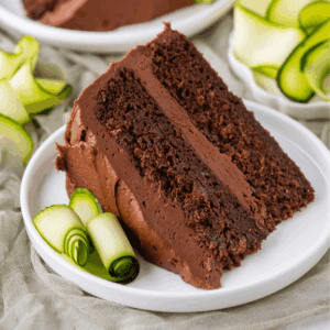 A slice of chocolate cake with chocolate frosting is served on a white plate, garnished with thin, rolled slices of zucchini. More zucchini rolls and a second plate are visible in the background.