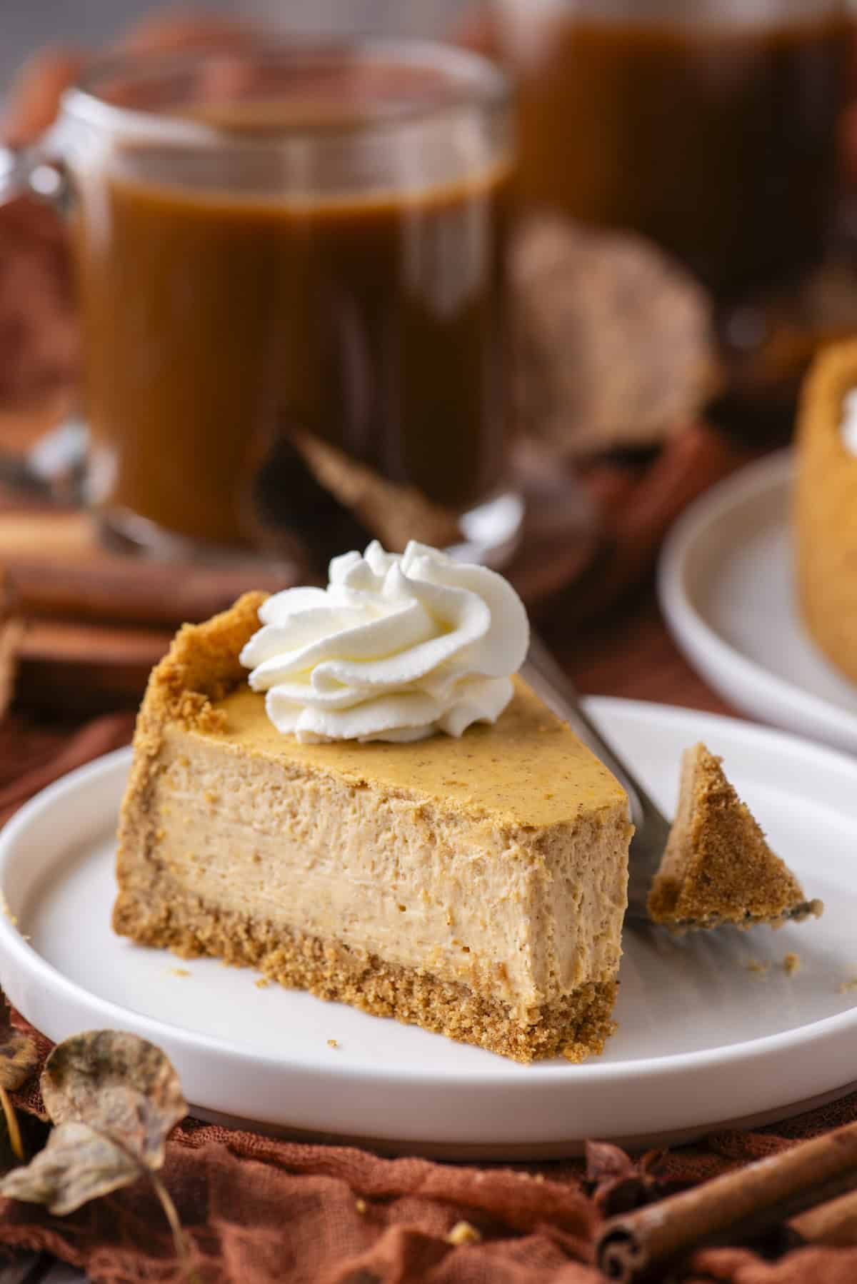 A slice of pumpkin cheesecake with a graham cracker crust and whipped cream topping sits on a white plate. A fork holds a bite of cheesecake nearby. In the background, there’s a glass mug of coffee and autumn decor.