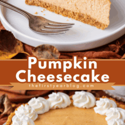 A slice of pumpkin cheesecake with a graham cracker crust and whipped cream sits on a plate with a fork. Below, the whole cheesecake is topped with swirls of whipped cream. Autumn leaves decorate the scene.