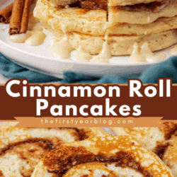 A stack of thick cinnamon roll pancakes topped with icing sits on a plate, next to cinnamon sticks. Close-up below shows swirled cinnamon filling inside the pancakes. Text reads: “Cinnamon Roll Pancakes.”.