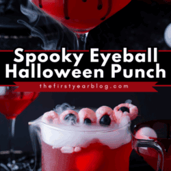 A glass and pitcher of red Halloween punch topped with white fog-like vapor and garnished with eyeball-shaped decorations made from lychees and blueberries, creating a spooky effect. Text reads Spooky Eyeball Halloween Punch.