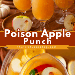 Three glasses of orange punch topped with apple slices and gummy worms, surrounded by apples and pumpkins. A ladle scoops punch from a bowl with floating apple slices, orange slices, and gummy worms. Text reads: Poison Apple Punch.