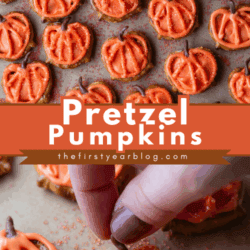 Pretzel rings decorated with orange icing and chocolate stems to look like pumpkins are shown on a baking sheet. A hand is sprinkling orange sugar onto one pretzel pumpkin. Text reads Pretzel Pumpkins.