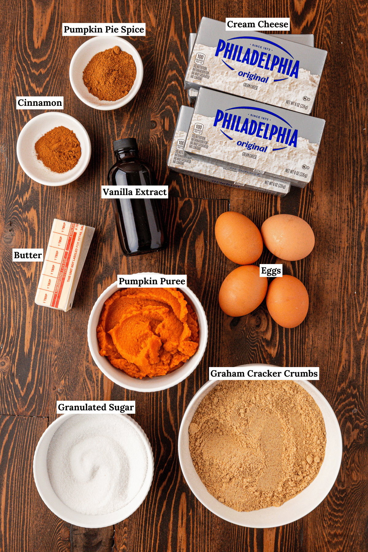 Ingredients for pumpkin cheesecake on a wooden table: cream cheese, pumpkin puree, granulated sugar, graham cracker crumbs, eggs, butter, vanilla extract, pumpkin pie spice, and cinnamon, each labeled.
