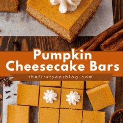 Overhead view of pumpkin cheesecake bars, some topped with whipped cream, arranged on parchment paper. A wooden-handled spatula holds one bar. Cinnamon sticks and spices are scattered nearby. Text reads Pumpkin Cheesecake Bars.