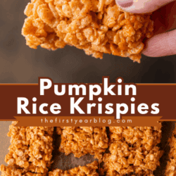 A hand holds a square of pumpkin-flavored Rice Krispies treat above more treats arranged in a grid on parchment paper. Text reads Pumpkin Rice Krispies.