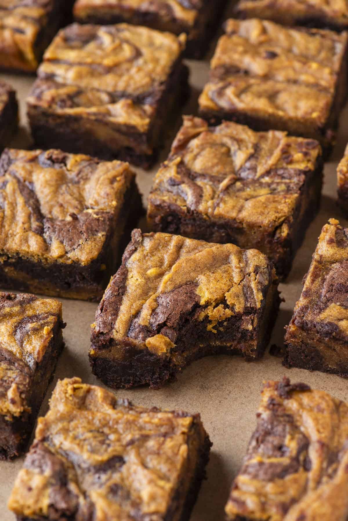 Several pumpkin swirl brownies are arranged on parchment paper. The brownies have a marbled pattern of dark chocolate and orange pumpkin and one brownie has a bite taken out of it.