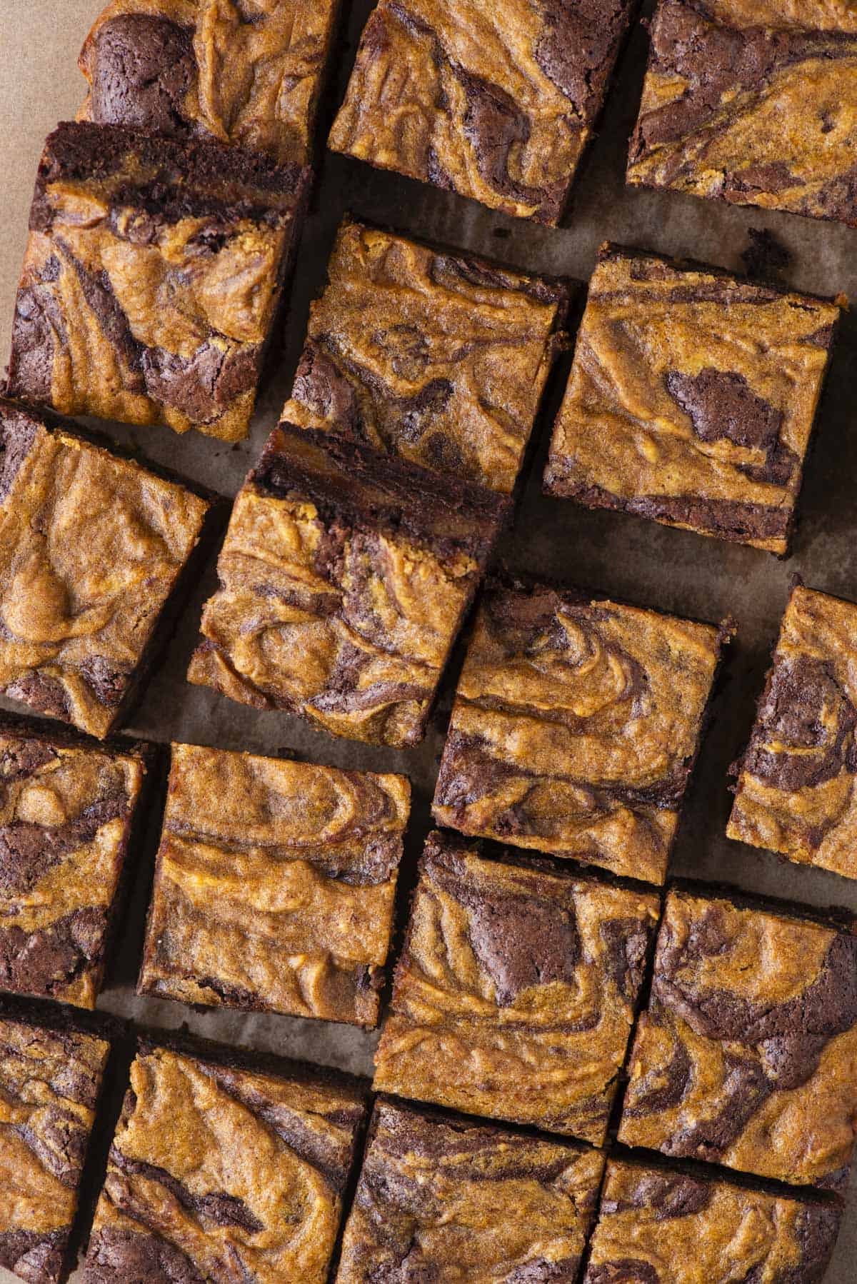 Close-up of several square pieces of brownies with a marbled swirl pattern of dark chocolate and orange pumpkin batter on top, arranged in neat rows on parchment paper.