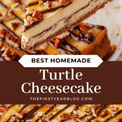 A slice of turtle cheesecake topped with caramel, chocolate drizzle, and chopped pecans is lifted from a whole cheesecake. Text reads: Best Homemade Turtle Cheesecake, thefirstyearblog.com.